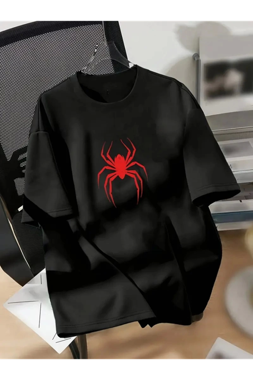 Baskılı Oversize Bisiklet Yaka T-shirt - Siyah