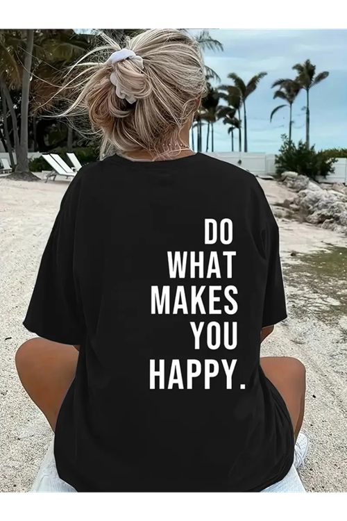 Baskılı Oversize Bisiklet Yaka T-shirt - Siyah