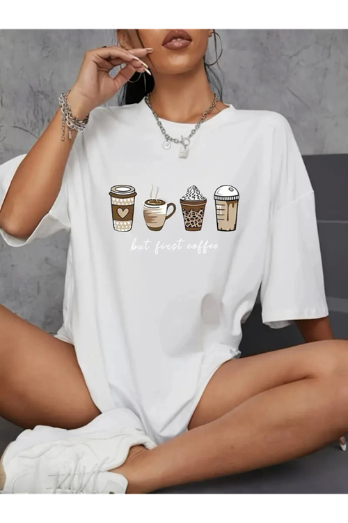 Baskılı Oversize Bisiklet Yaka T-shirt - Beyaz