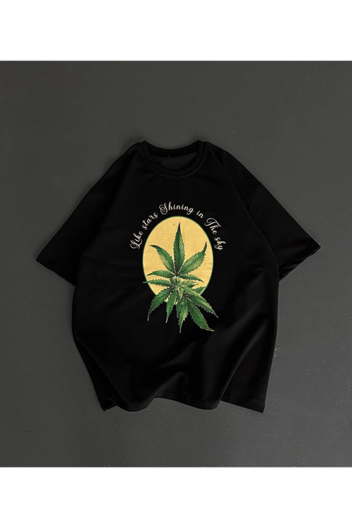 Ön Ve Arka Baskılı Oversize Bisiklet Yaka T-shirt- Siyah