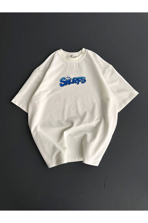 Ön Ve Arka Baskılı Oversize Bisiklet Yaka T-shirt- Beyaz