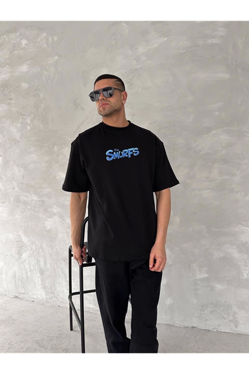 Ön Ve Arka Baskılı Oversize Bisiklet Yaka T-shirt- Siyah