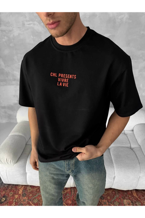 Ön Ve Arka Baskılı Oversize Bisiklet Yaka T-shirt- Siyah