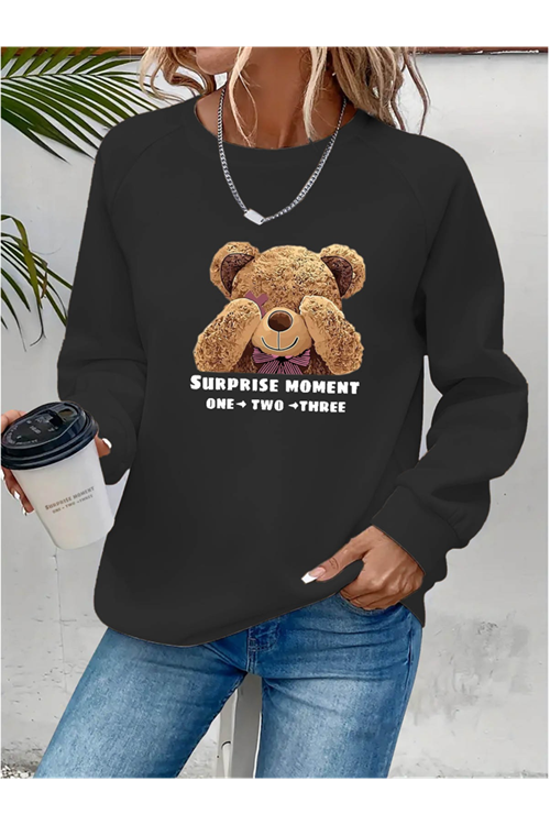 Kadın Uzun Kollu Bisiklet Yaka Ayıcık Desenli Viskon Iki Iplik Bluz