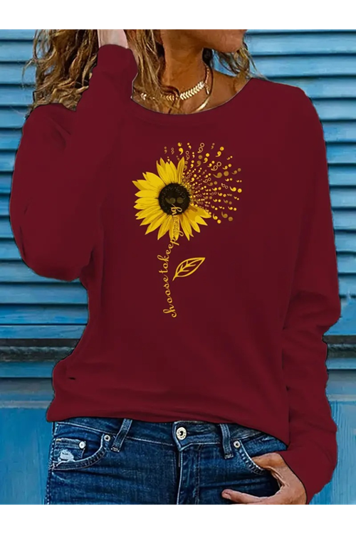 Kadın Uzun Kollu Bisiklet Yaka Ayçiçeği Desenli Viskon Bluz