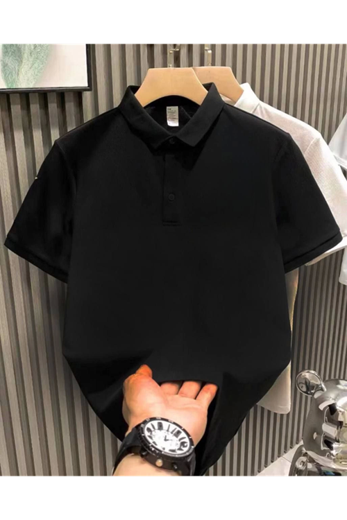 Yakası Düğmeli Yakalı Pike Düz T-Shirt - Siyah