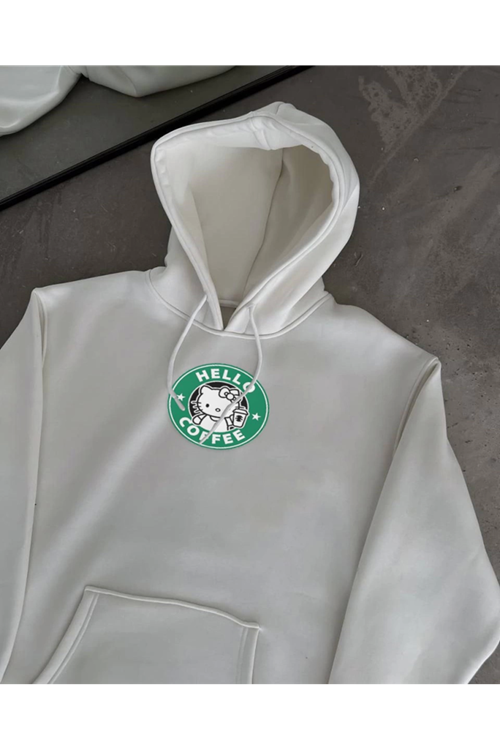 Üç İplik Penye Uzun Kol Kapşonlu SweatShirt - Beyaz