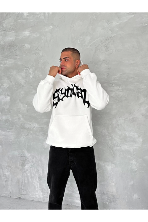 Unisex Üç İplik Kapşonlu Baskılı SweatShirt - Beyaz