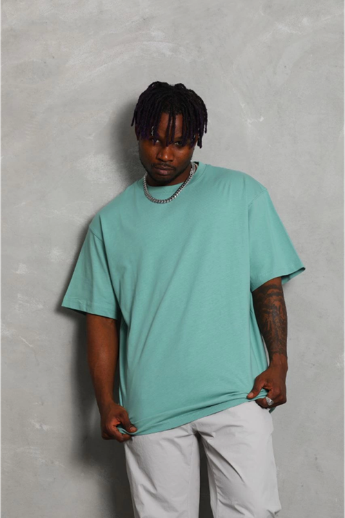 Unisex Oversize Düz Bisiklet Yaka T-Shirt - Mint Yeşili