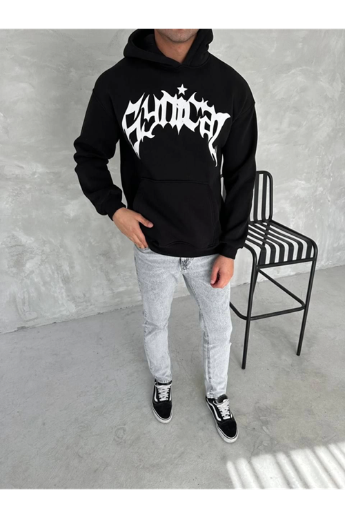 Unisex Üç İplik Kapşonlu Baskılı SweatShirt - Siyah