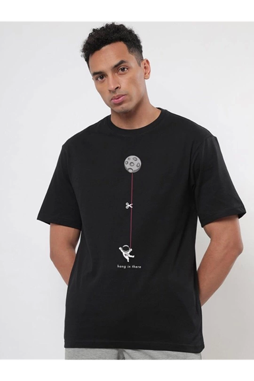 Erkek Baskılı Oversize T-shirt - Siyah