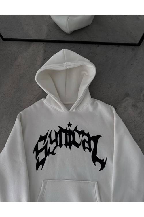 Kışlık Kapşonlu Baskılı Oversize SweatShirt- Beyaz