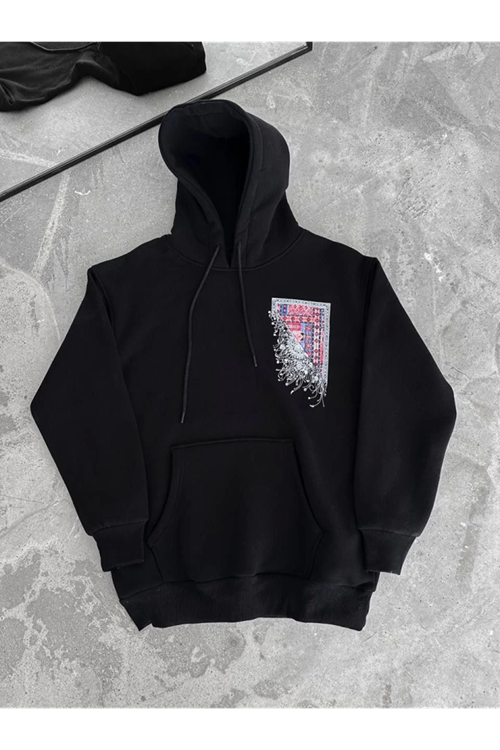 Uzun Kol Kapşonlu Ön Ve Arka Baskılı SweatShirt - Siyah
