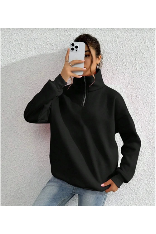 Unisex Uzun Kol Yarım Farmuarlı Yakalı Basic SweatShirt - Siyah