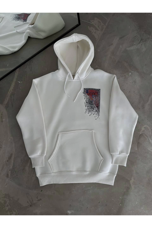 Uzun Kol Kapşonlu Ön Ve Arka Baskılı SweatShirt - Beyaz