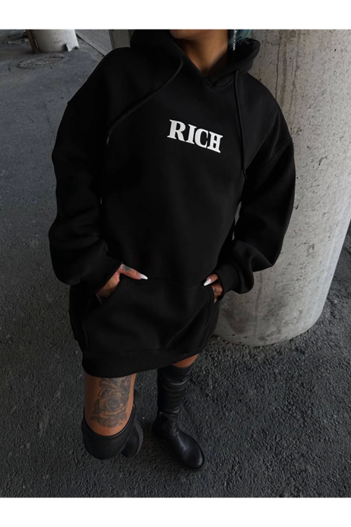Uzun Kol Kapşonlu Göğüs Baskılı SweatShirt - Siyah