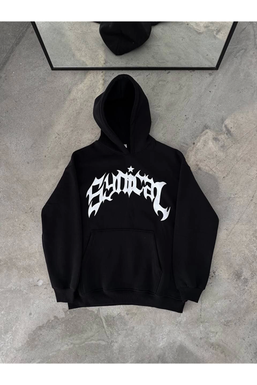 Üç İplik Kapşonlu Baskılı Oversize SweatShirt- Siyah