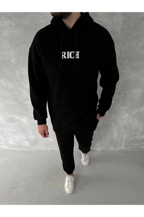 Uzun Kol Kapşonlu Göğüs Baskılı SweatShirt - Siyah