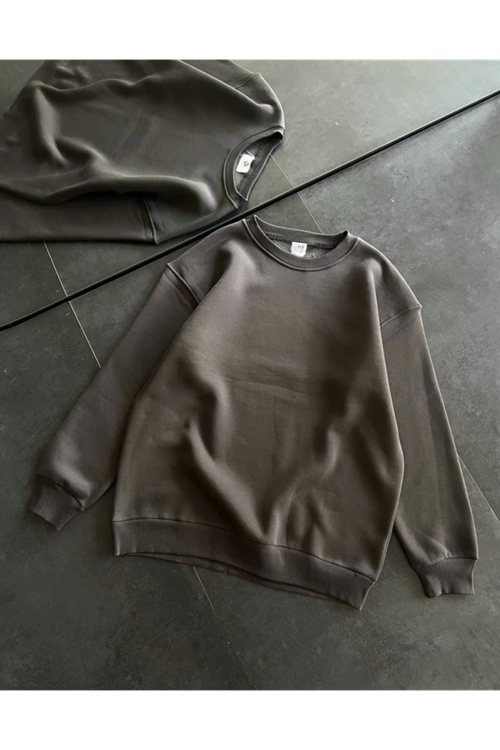 Kışlık Bisiklet Yaka Üç İplik Basic SweatShirt - Füme