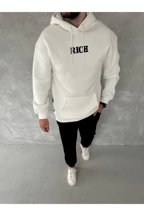 Uzun Kol Kapşonlu Göğüs Baskılı SweatShirt - Beyaz