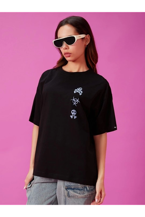 Baskılı Oversize T-shirt - Siyah