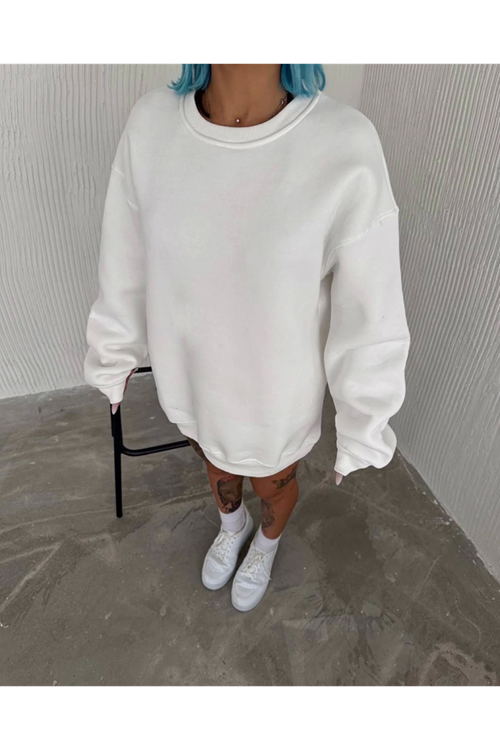 Kışlık Bisiklet Yaka Üç İplik Basic SweatShirt - Beyaz