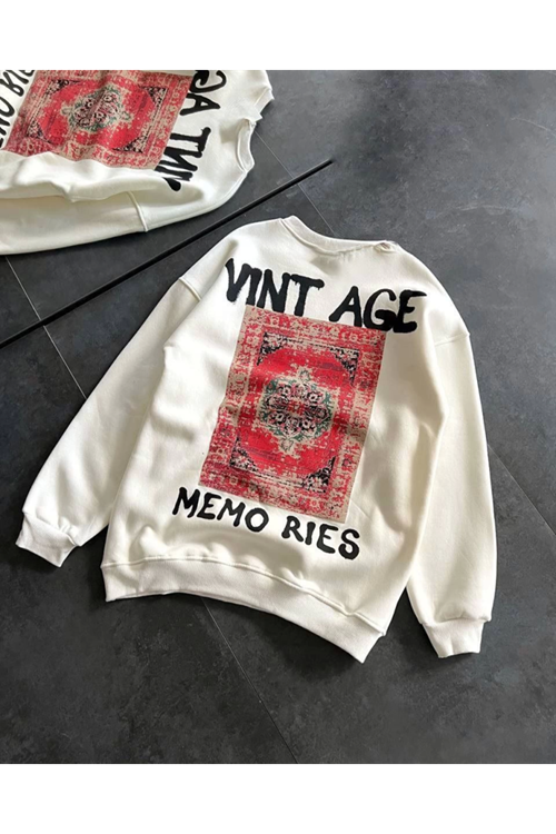 Bisiklet Yaka Üç İplik Baskılı Oversize SweatShirt - Beyaz