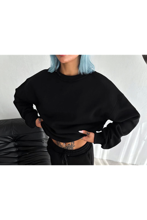 Kışlık Bisiklet Yaka Üç İplik Basic SweatShirt - Siyah