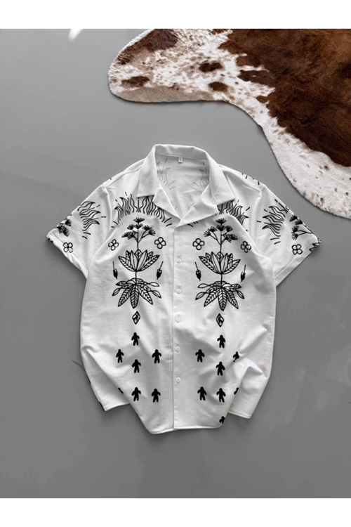 İki İplik Kumaş Baskılı Gömlek - Beyaz
