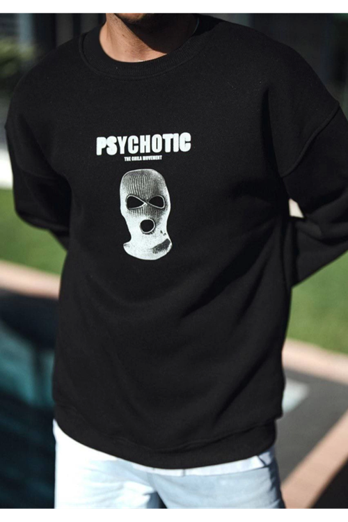 Kışlık Bisiklet Yaka Baskılı SweatShirt - Siyah