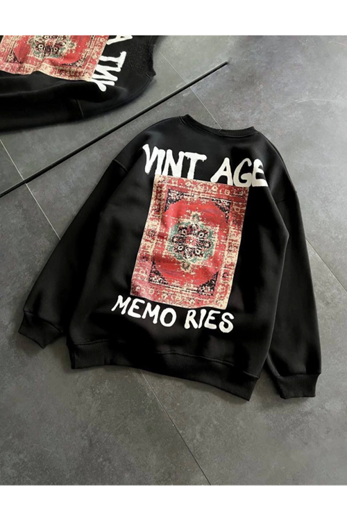 Bisiklet Yaka Üç İplik Baskılı Oversize SweatShirt - Siyah