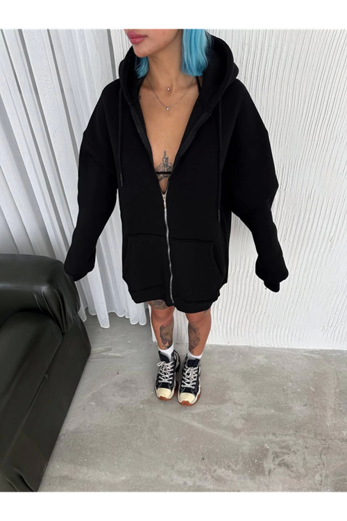Oversize Tam Fermuarlı Uzun Kol Hırka - Siyah