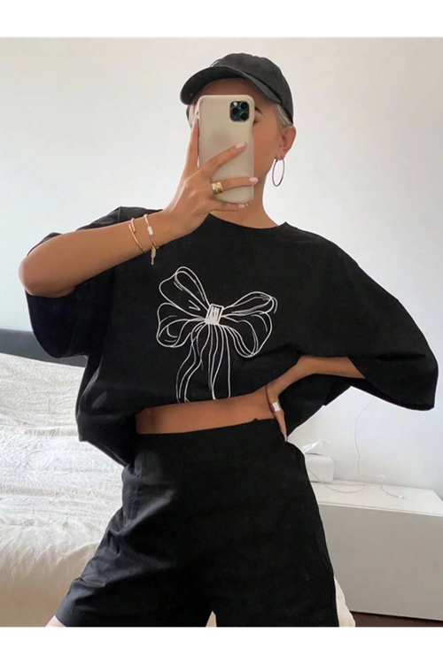 Baskılı Oversize T-shirt - Siyah