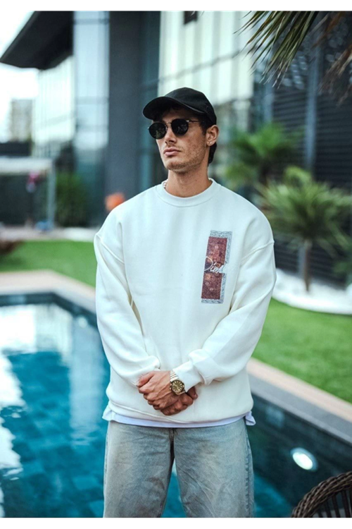 Uzun Kol Bisiklet Yaka Ön Ve Arka Baskılı SweatShirt - Beyaz
