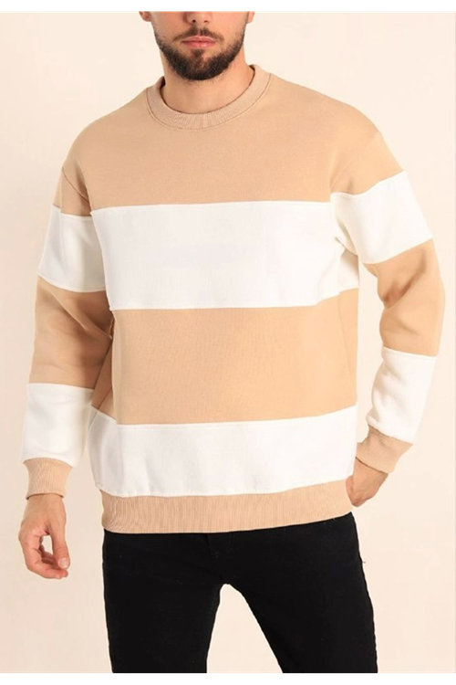 Parçalı Bisiklet Yaka Baskılı SweatShirt - Bej