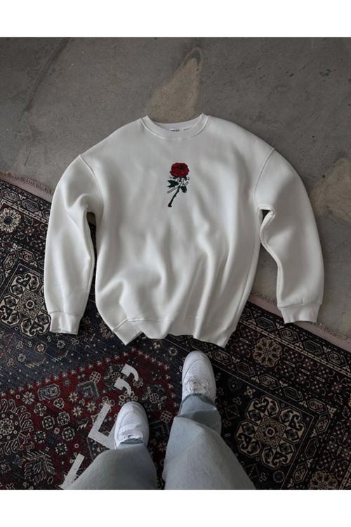 Unisex Bisiklet Yaka Ön Ve Arka Baskılı SweatShirt - Beyaz
