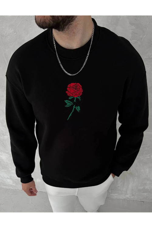 Unisex Bisiklet Yaka Ön Ve Arka Baskılı SweatShirt - Siyah