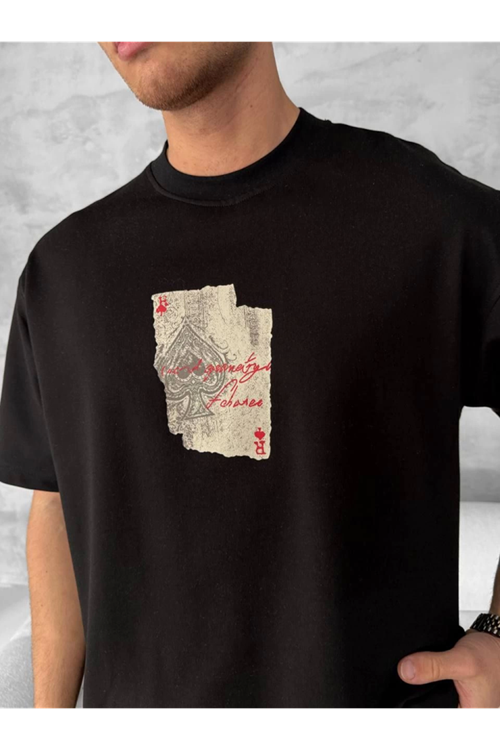 Ön Ve Arka Baskılı Oversize Bisiklet Yaka T-shirt - Siyah