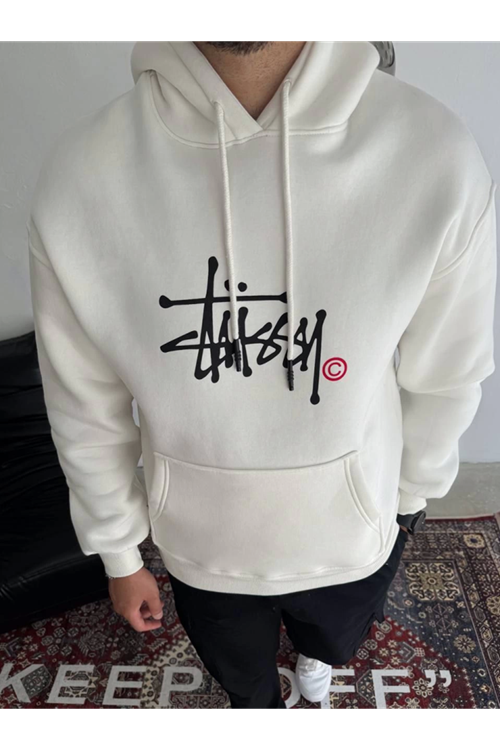 Üç İplik Kapşonlu Baskılı SweatShirt - Beyaz