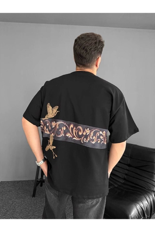 Ön Ve Arka Baskılı Oversize Bisiklet Yaka T-shirt - Siyah