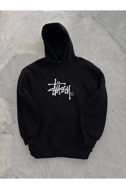 Üç İplik Kapşonlu Baskılı SweatShirt - Siyah