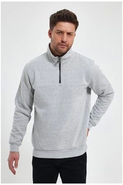 Oversize Yarım Farmuarlı Yakalı Basic SweatShirt - Gri