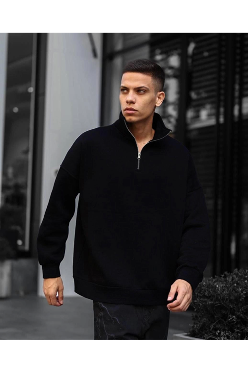 Erkek Yarım Fermuarlı Üç İplik Sweatshirt - Siyah