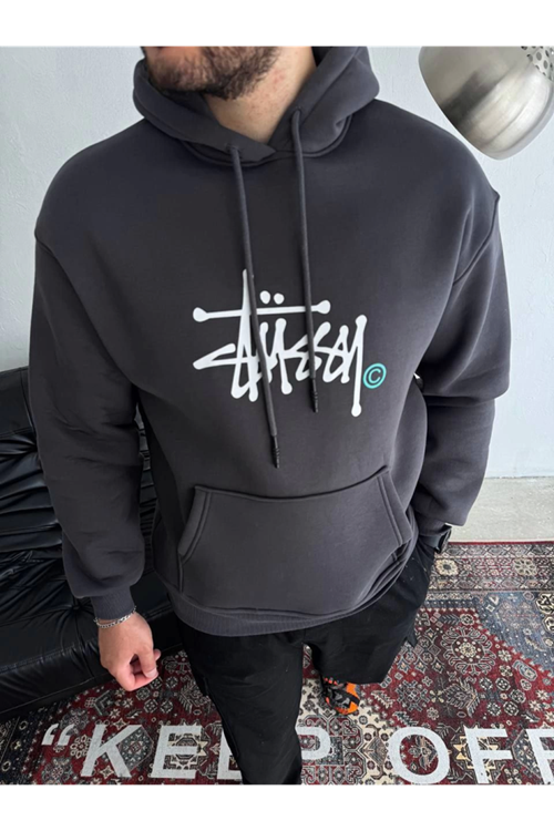 Üç İplik Kapşonlu Baskılı SweatShirt - Füme