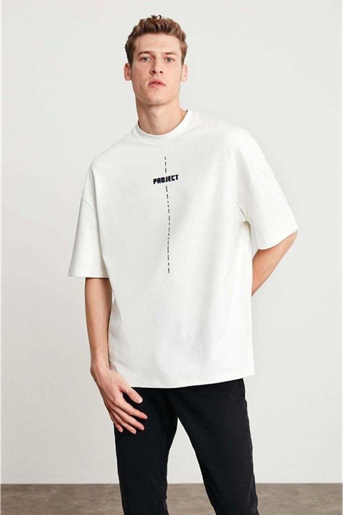 Unisex Baskılı Oversize T-Shirt - Beyaz