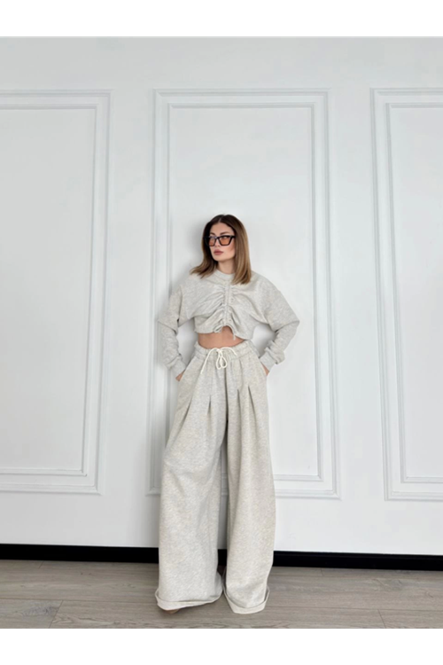 Uzun Kollu Önü İp Büzgülü  Crop Ve Pantolon İkili Takım - Gri