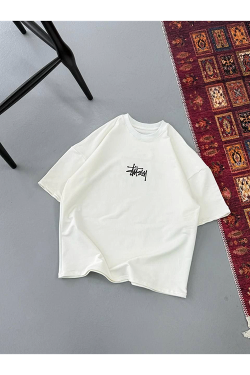 Erkek Baskılı Oversize T-shirt - Beyaz