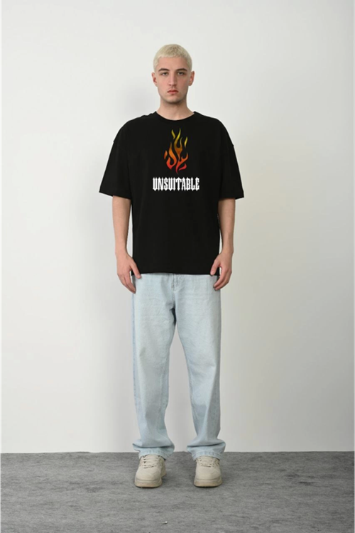 Unisex Bisiklet Yaka Baskılı Oversize T-Shirt - Siyah