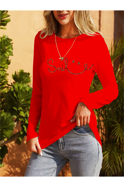 Kadın Uzun Kollu Bisiklet Yaka Gülümseyen Surat Desenli Viskon Bluz