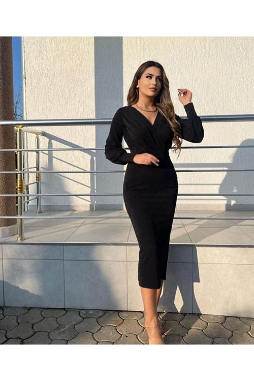 Kadın Uzun Kollu Kruvaze Yaka Büzgü Ve Balon Kol Detay Krep Kumaş Maxi Boy Simli Elbise